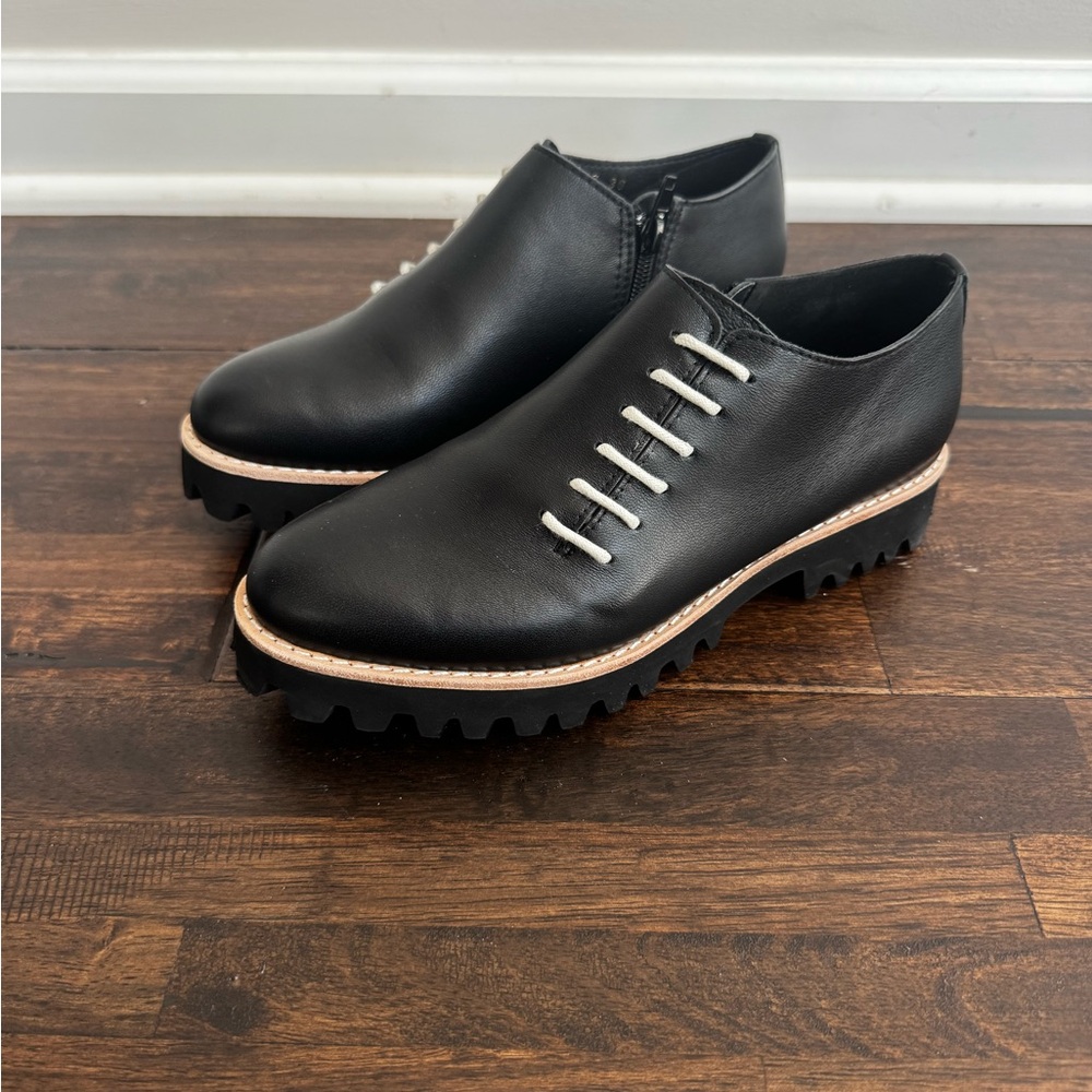 All Black Sleek Black Leather Women's Oxfords with White Accents